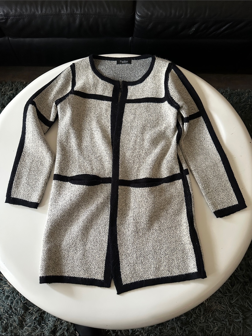 Papillon Blanc Cream and Black Open-Front Contrast-Trim Cardigan